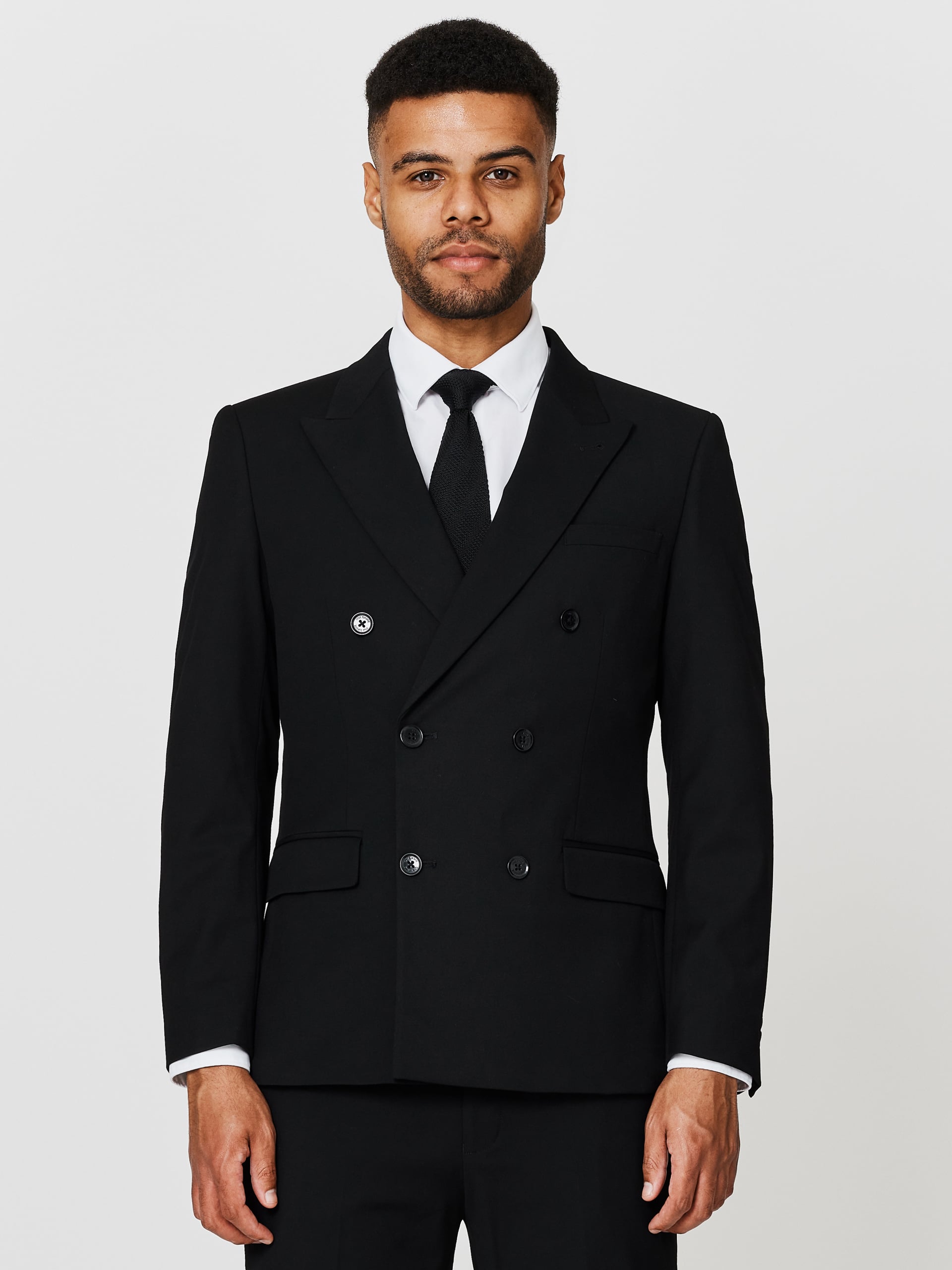 Slim Fit Black Plain Double Breasted Two Piece Suit 34 R Slim Fit Black Plain Double Breasted Two Piece Suit 34 R