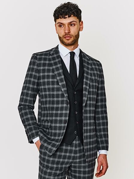 Tailored Fit Grey & Black Check Contrasting Three Piece Suit