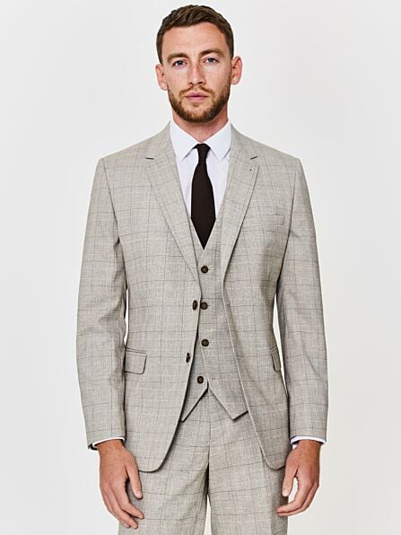 Tailored Fit Beige Check Three Piece Suit