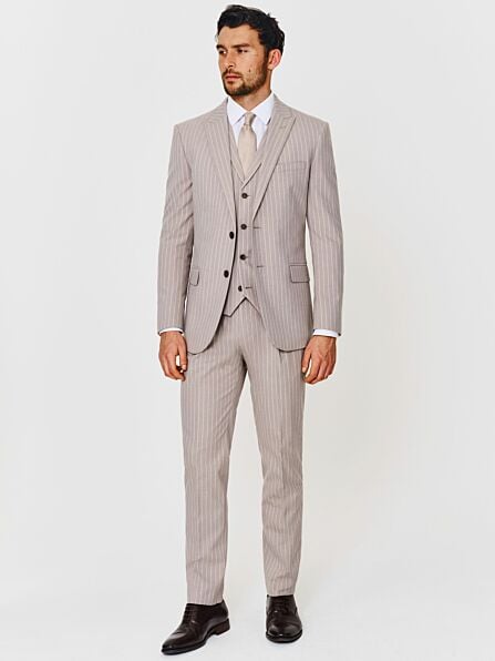 Slim Fit Beige Pinstripe Three Piece Suit