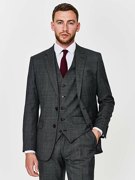 Tailored Fit Charcoal & Burgundy Check Three Piece Suit