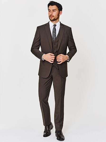 Tailored Fit Brown Plain Three Piece Suit