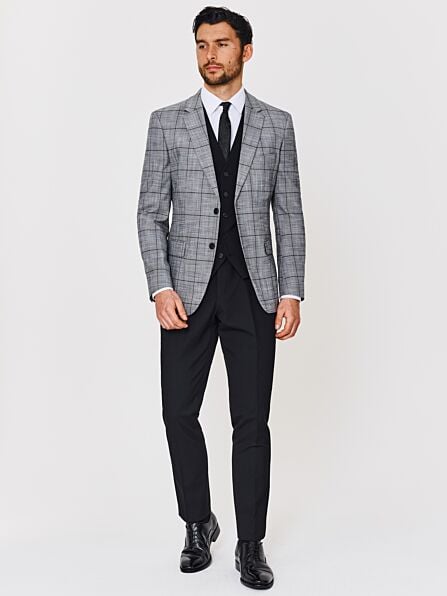 Slim Fit Grey & Black Check Contrasting Three Piece Suit