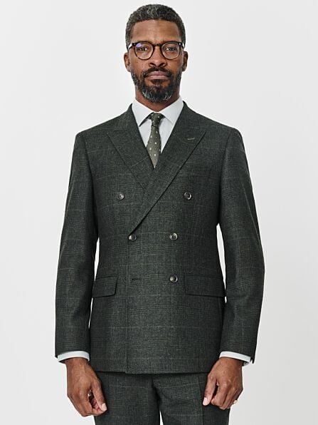 Slim Fit Dark Green Check Double Breasted Two Piece Suit