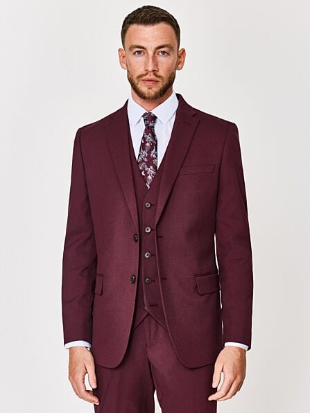 Slim Fit Burgundy Textured Three Piece Suit