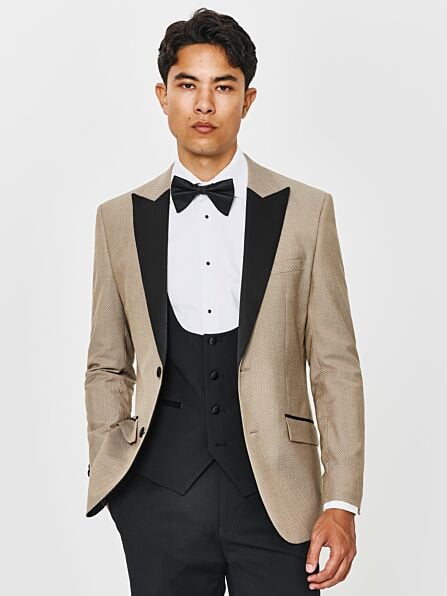 Tailored Fit Beige Textured Contrast Three Piece Tuxedo