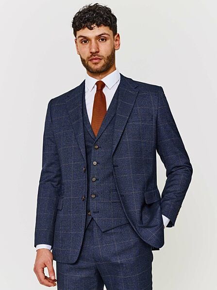 Tailored Fit Blue & Brown Check Three Piece Suit