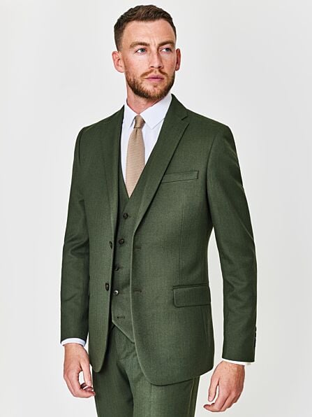 Slim Fit Khaki Herringbone Three Piece Suit