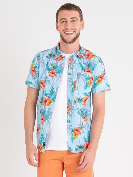 Regular Fit Blue Luni Tropical Floral Print Short Sleeve Shirt