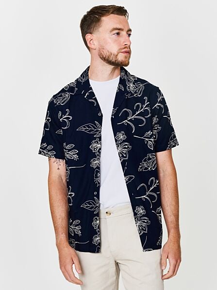 Regular Fit Navy Floral Revere Short Sleeve Shirt