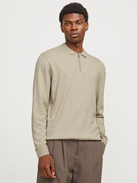 Relaxed Fit Plain Knitted Quarter Zip Long Sleeve Polo Shirt