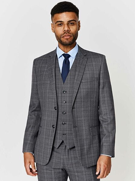 Tailored Fit Grey & Blue Check Three Piece Suit