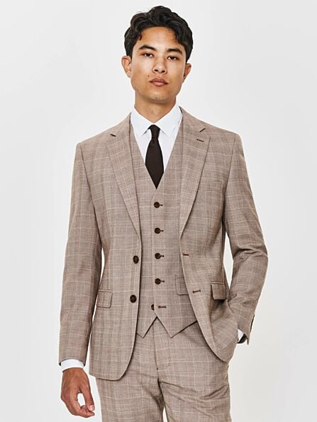 Tailored Fit Light Brown Check Three Piece Suit