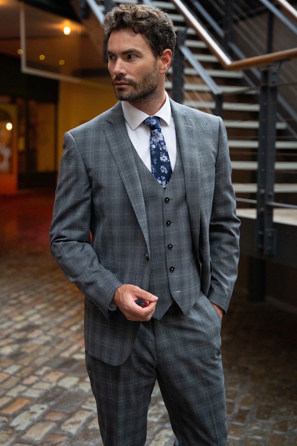 Grey and blue checked suit