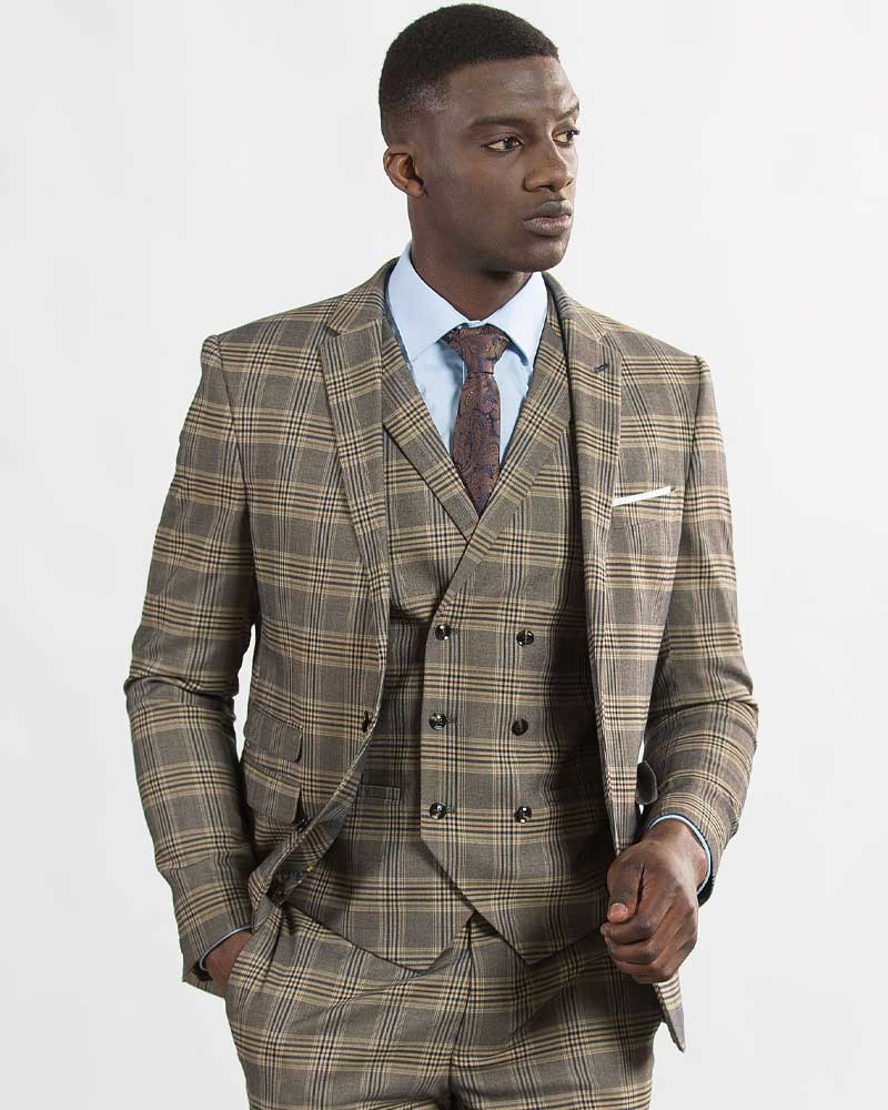 onesixfive bold brown check skinny fit 3 piece suit.