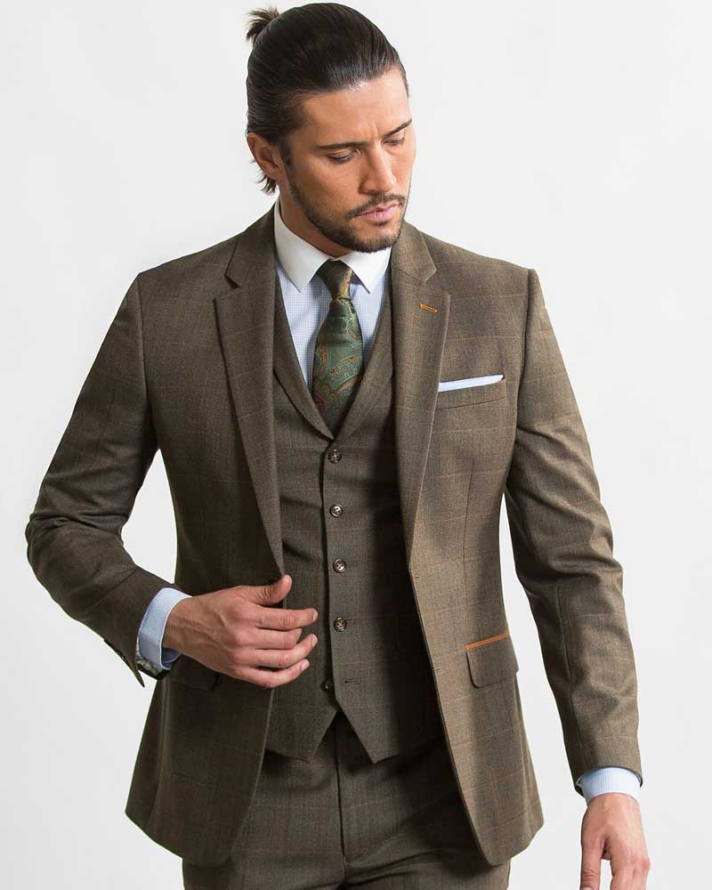 fellini tailored brown window check 3 piece tailored suit.