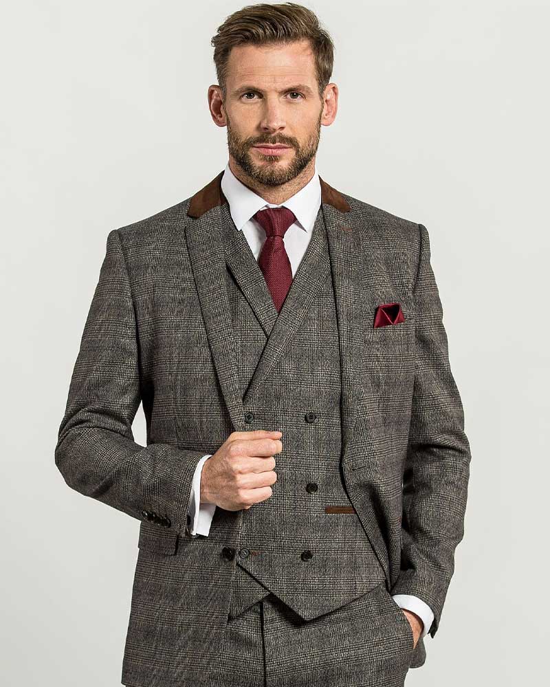 onesixfive luxury slim fit brown check 3 piece suit.