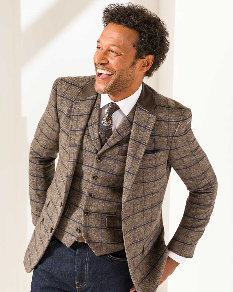 mens brown wool checked blazer and waistcoat