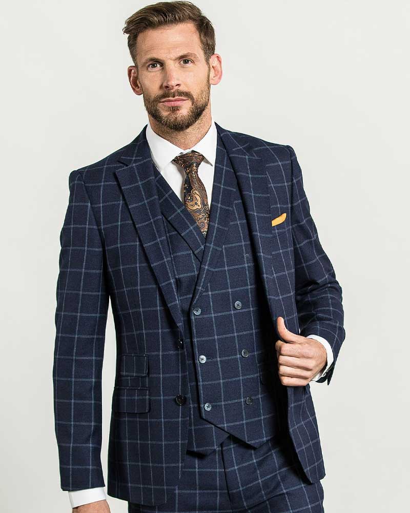 mens navy and white window check 3 piece suit