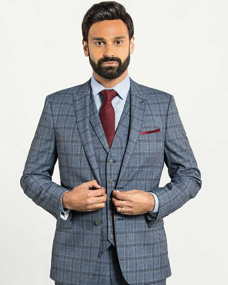 mens blue and navy checked 3 piece suit with single breasted waistcoat