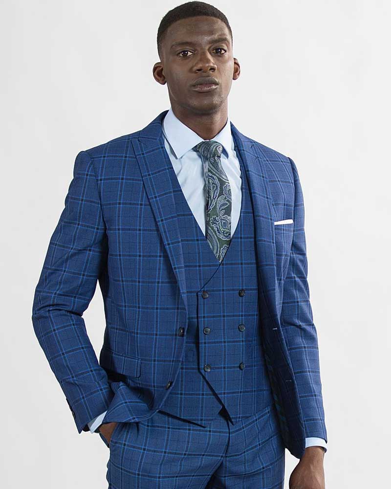 mens ventura blue check 3 piece suit with double breasted waistcoat