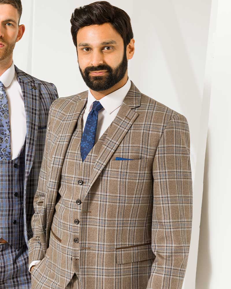 mens brown and blue 3 piece check suit
