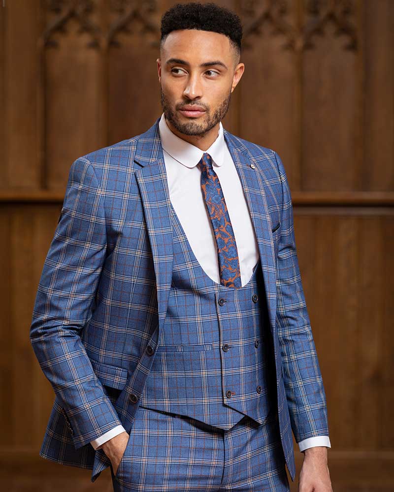 mens blue and brown checked three piece suit