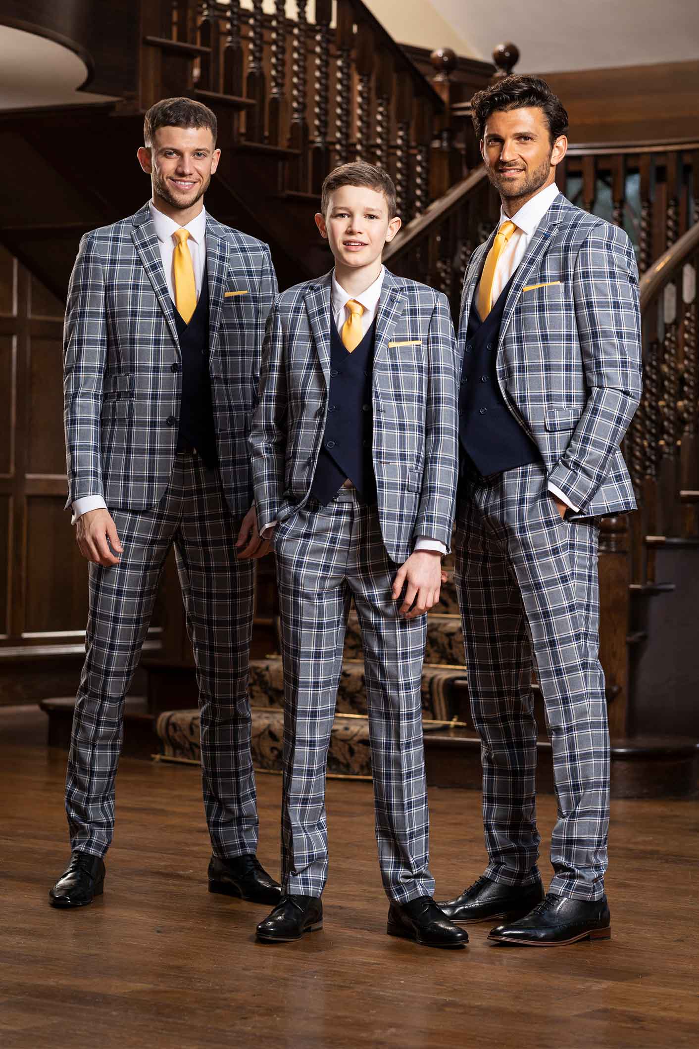 Blue check wedding group suit